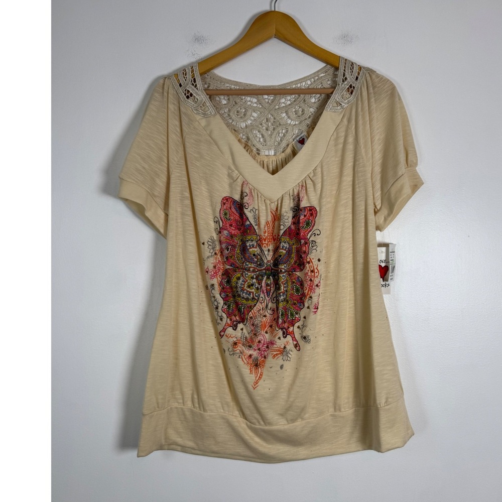 Boho Fairycore Love Rocks Womens XL Butterfly Lace Back Top Cream Graphic Blouse